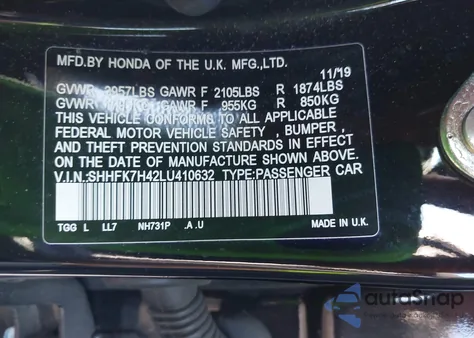 2020 Honda Civic Sport z USA, uszkodzony, nr VIN SHHFK7H42LU410632